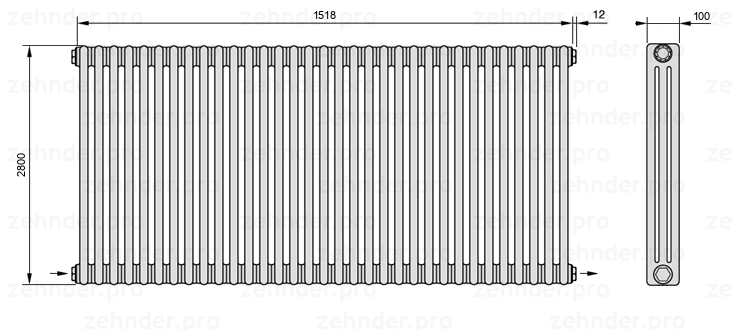 Схема (чертеж) Радиатор Zehnder Charleston 3280/33 №2670 Белый глянцевый RAL 9016